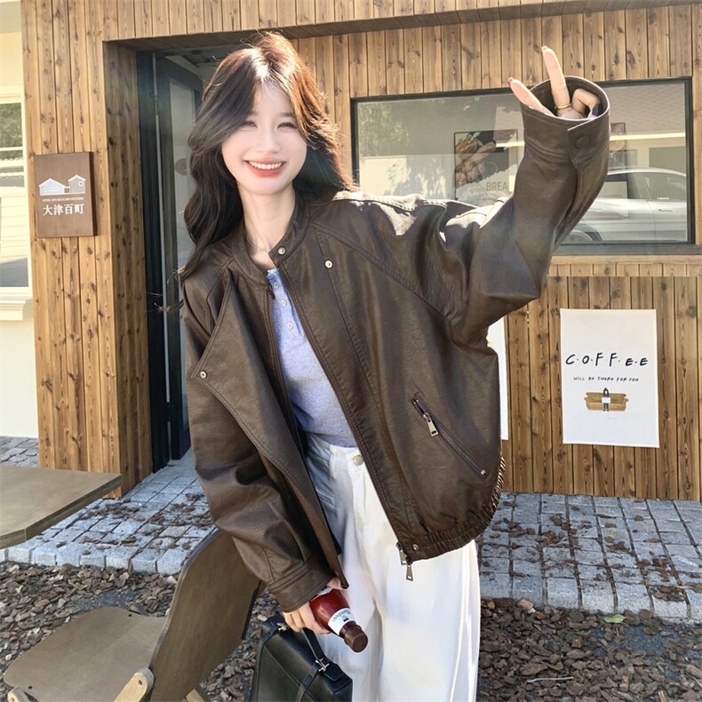 咖色美式复古减龄PU皮衣外套女2025秋季新款百搭时尚气质流行夹克,女装短外套,2C198