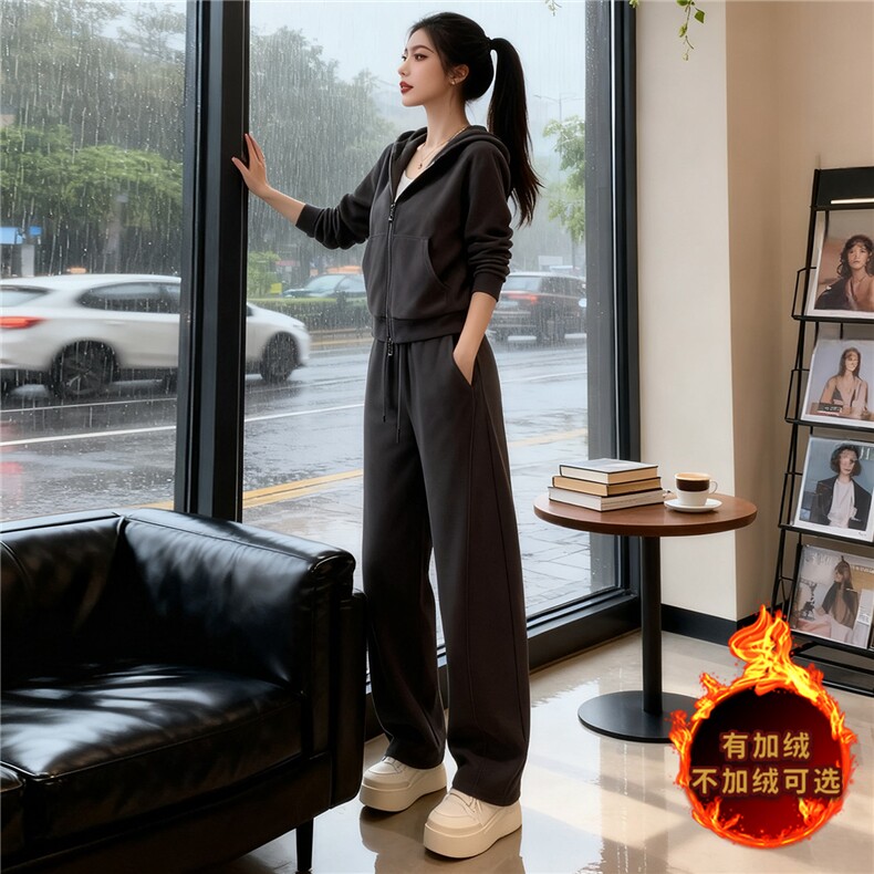 高端时尚套装女秋冬新款连帽短款卫衣内搭白色背心阔腿长裤三件套,女装套装/套裙,江南