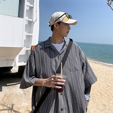 现货夏季条纹短袖衬衫休闲宽松翻领日系潮流ins衬衣 W3121-P28图片