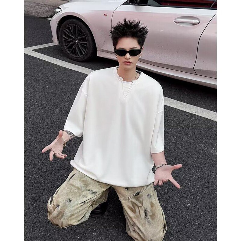 假两件华夫格五分短袖T恤男款夏季美式复古潮牌宽松痞帅百搭上衣,男装T恤,星座506