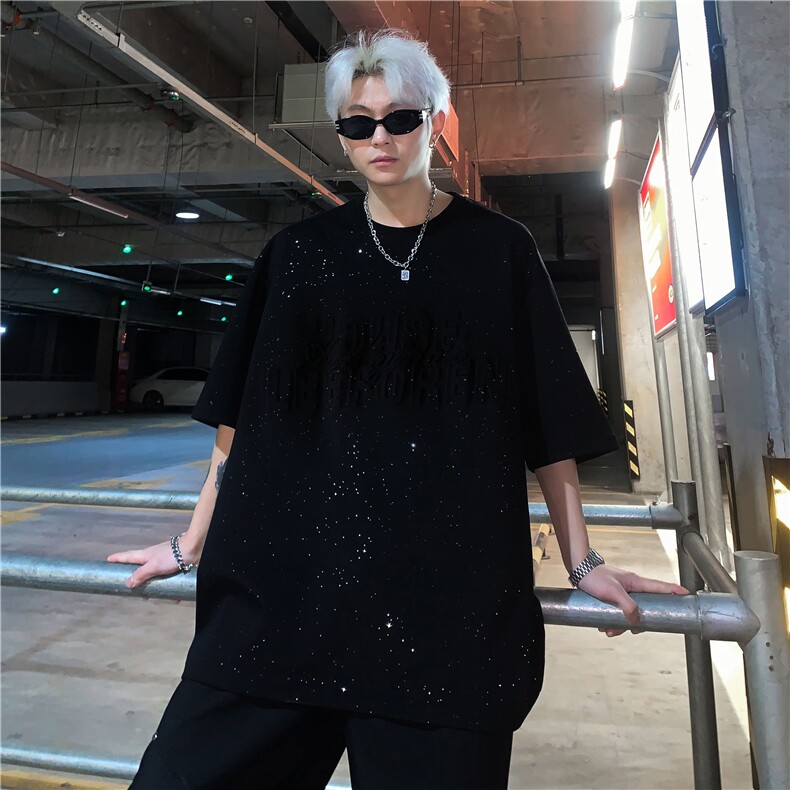 美式重工反光满天星短袖男女情侣款宽松百搭圆领T恤特p28图片