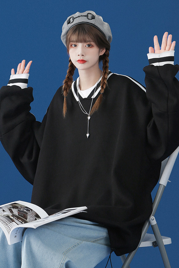 2024春装新款慵懒流行设计感小众纯色宽松V领卫衣B01P55控68,男装卫衣,A247A