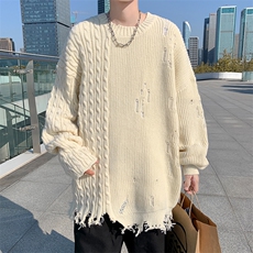 2023秋冬季韩版宽松破洞下摆毛衣纯色日系休闲针织衫M1034-P42，男装针织衫/毛衣，星座512-2