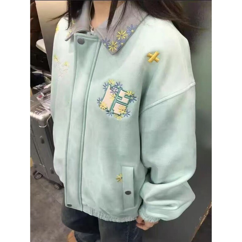 刺绣雏菊美式鹿皮绒棒球服外套女秋冬新款宽松夹克潮W6845-P71,男装夹克,星座412-3