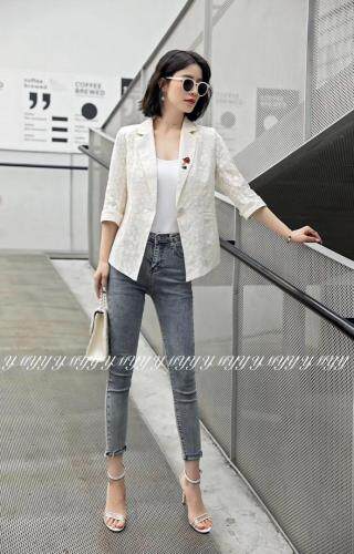 春季新款蕾丝复合七分袖西装外套，女装西装，依美依缘