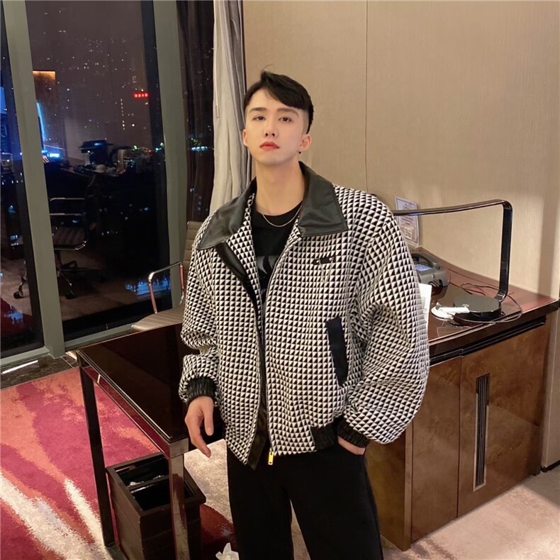 春秋季网红千鸟格短款夹克男士宽松韩版休闲外套高级感百搭上衣,男装夹克,四季星座505