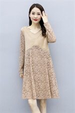 2020年冬季V领烫钻仿貂绒配蕾丝加绒打底连衣裙，女装连衣裙，安之芮娜