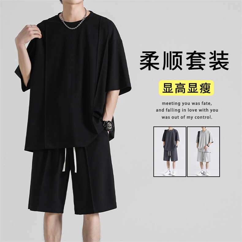 夏季薄款百搭冰丝oversize潮牌休闲套装TZ50-特批65，男装休闲套装，星座718