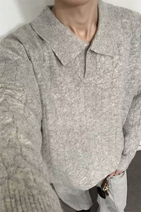 现货A2321TP58-秋冬老钱风提花翻领套头毛衣男女宽松针织衫外套图片