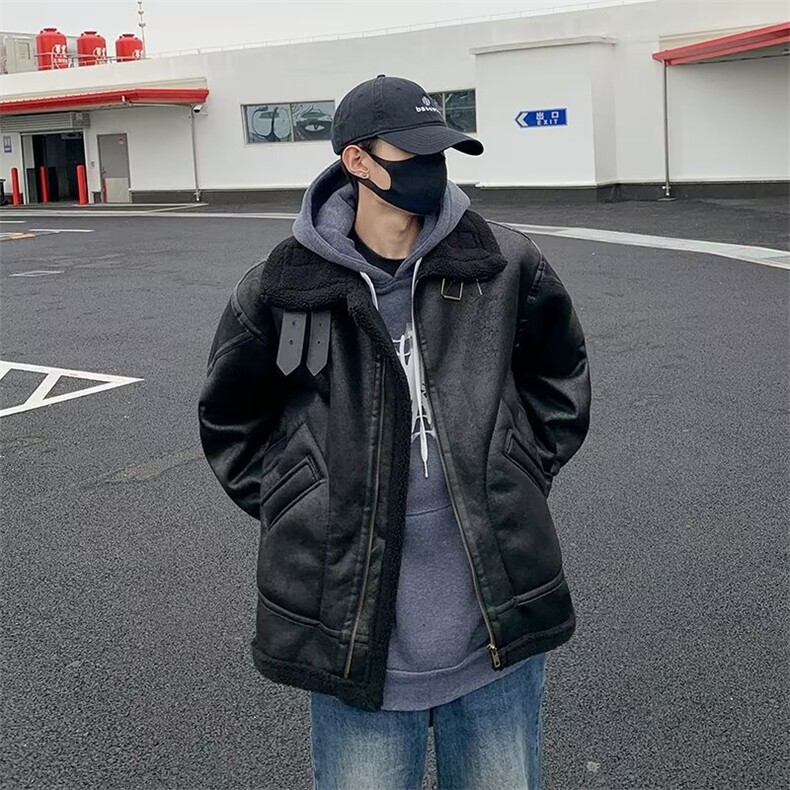 麂皮绒棉衣男潮牌工装高街ins羊羔毛加厚棉服潮流秋冬季宽松外套,男装夹克,星座716-4
