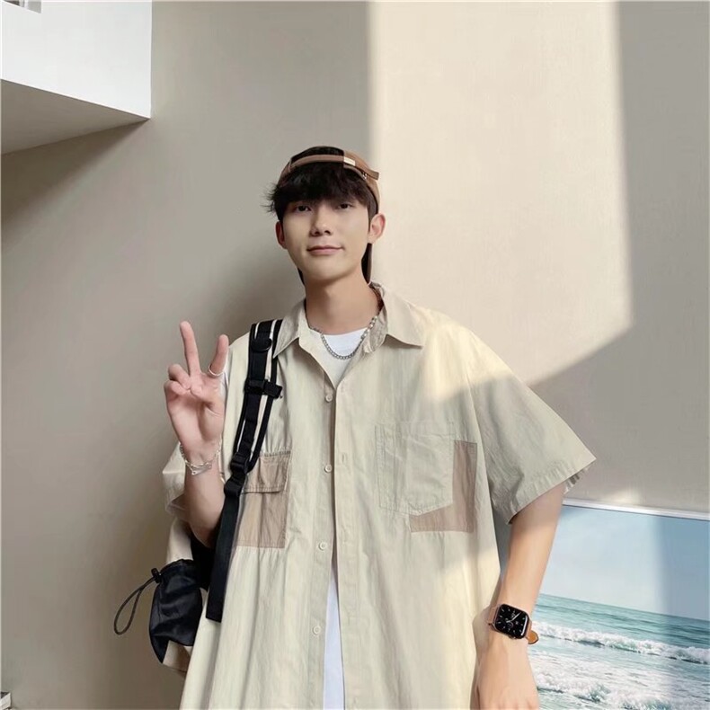 日系潮牌纯色短袖衬衫男美式工装五分袖男生内搭衬衣夏季学生外套,男装T恤,星座1210-1