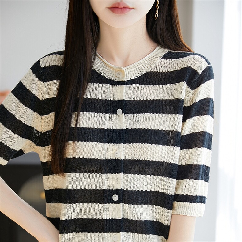 条纹天丝针织短袖开衫T恤女2025夏季新款宽松圆领薄百搭小衫上衣，女装蕾丝衫/雪纺衫，暖烁羊绒