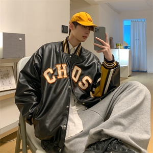 J57-P95-PU皮夹克棒球服拼接撞色织带外套男，现货~现货~现货！图片