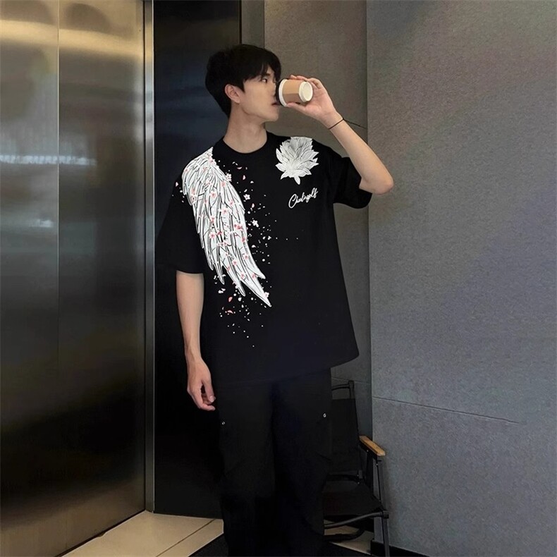 樱花羽翼翅膀短袖t恤男2025新款美式重磅纯棉潮牌字母印花上衣潮,男装T恤,四季星座505