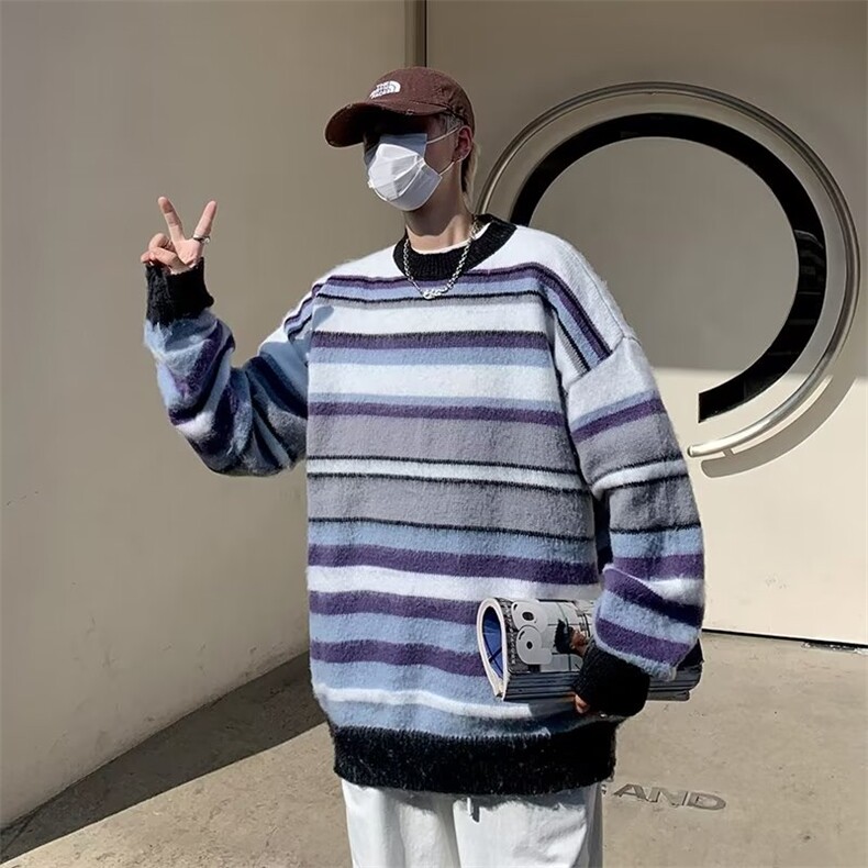 新美式复古渐变条纹毛衣男宽松慵懒风小众套头针织上衣MY207-P50,男装针织衫/毛衣,星座1109-3