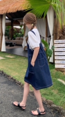 韩系通勤穿搭T恤配牛仔背带连衣裙两件套女夏2025年长裙休闲套装，女装套装/套裙，2D148