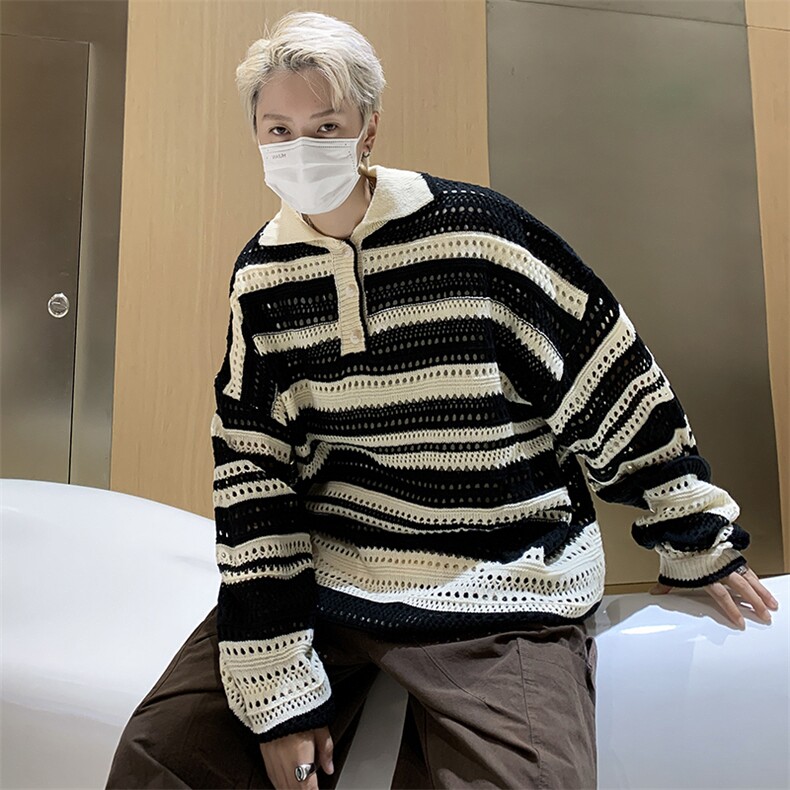 美式复古彩色条纹镂空针织衫春秋新款翻领宽松休闲上衣MY0216-P40,男装针织衫/毛衣,星座308B-1