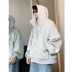 廓形灰色连帽开衫卫衣秋冬季情侣铆钉点缀拉链夹克外套jJK800-P78，男装夹克，电商C307