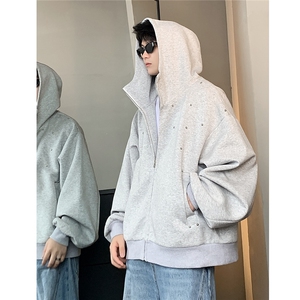 廓形灰色连帽开衫卫衣秋冬季情侣铆钉点缀拉链夹克外套jJK800-P78图片