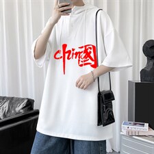 LD54199-P45连帽短袖t恤男大码胖子带帽五分袖中袖，男装T恤，电商A040