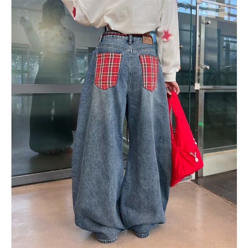 8033-P53美式复古直筒阔腿垂感水洗做旧蓝色男女显瘦拖地百搭,男装休闲裤,电商B323A