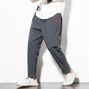 风秋季亚麻休闲裤男复古棉麻哈伦小脚九分裤QT6005图片