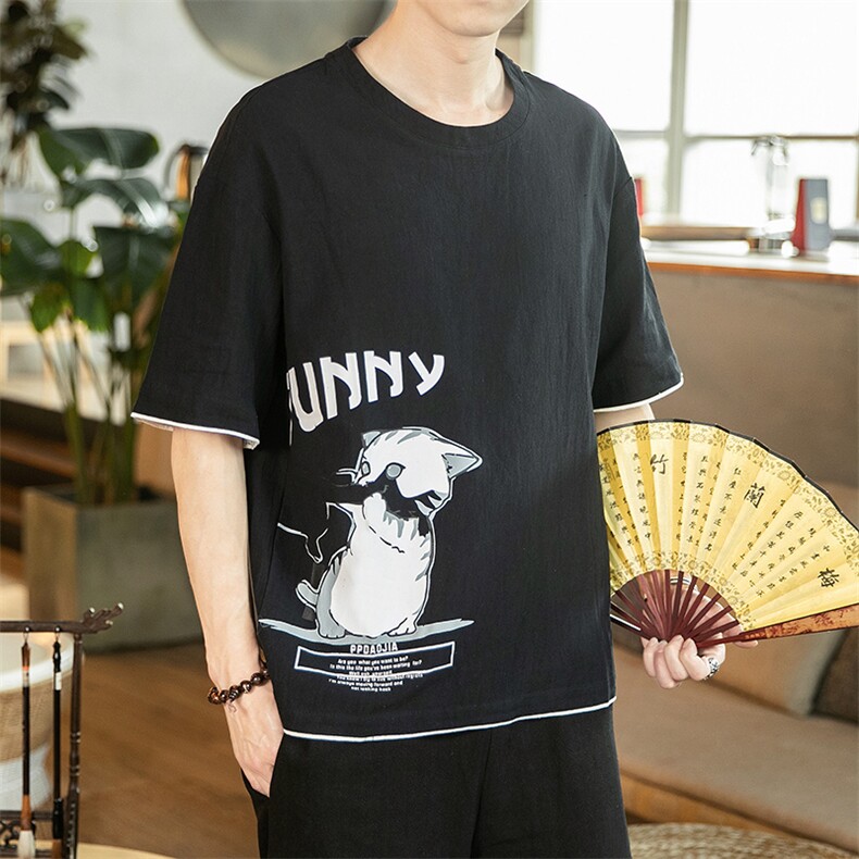 2021夏季新风日系大码男已注册印花亚麻短袖棉麻T恤T1003-P35，男装T恤，电商A001