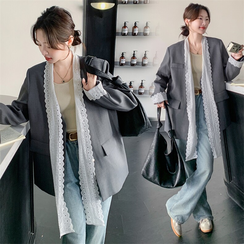 蕾丝拼接灰色休闲西装外套女春秋2025新款高级感减龄显瘦气质西服,女装西装,韩蜜菓