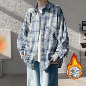 加绒衬衫男冬季新款港风宽松磨毛格子长袖衬衣JR02-特P35图片