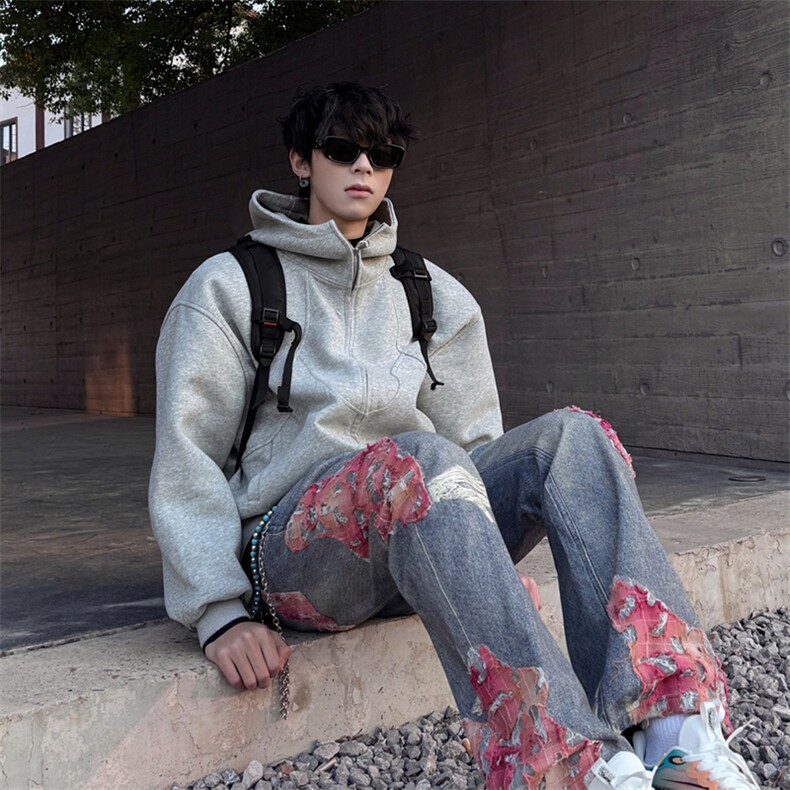 抖音得物高品质二开25秋冬美式高街重磅结构高领连帽卫衣外套W62，男装卫衣，电商A486