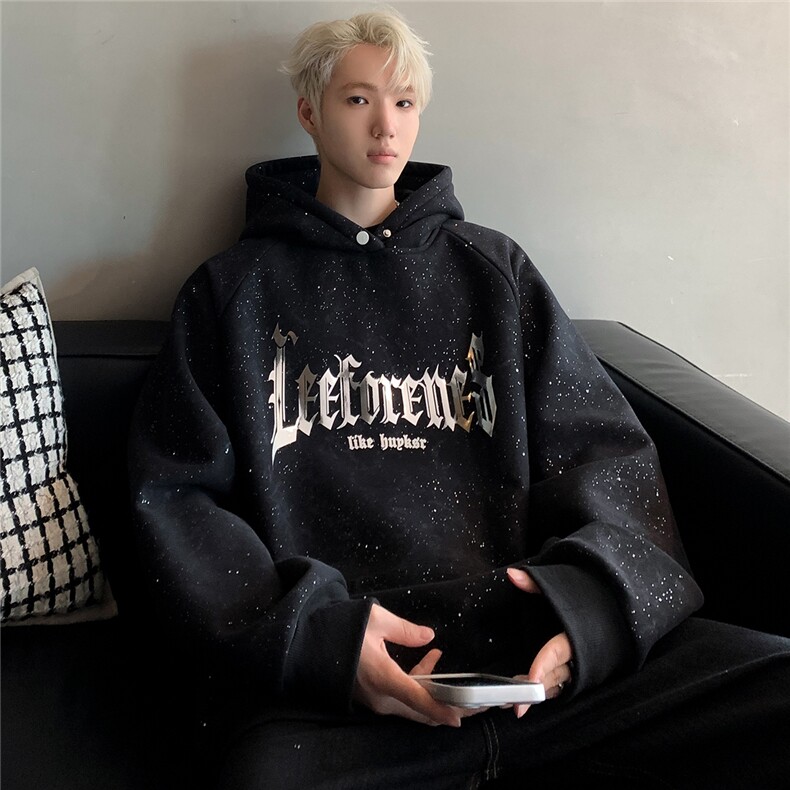 潮软金属字母印花满天星连帽卫衣美式男女情侣上衣帽衫W88-P68，男装卫衣，电商C307A