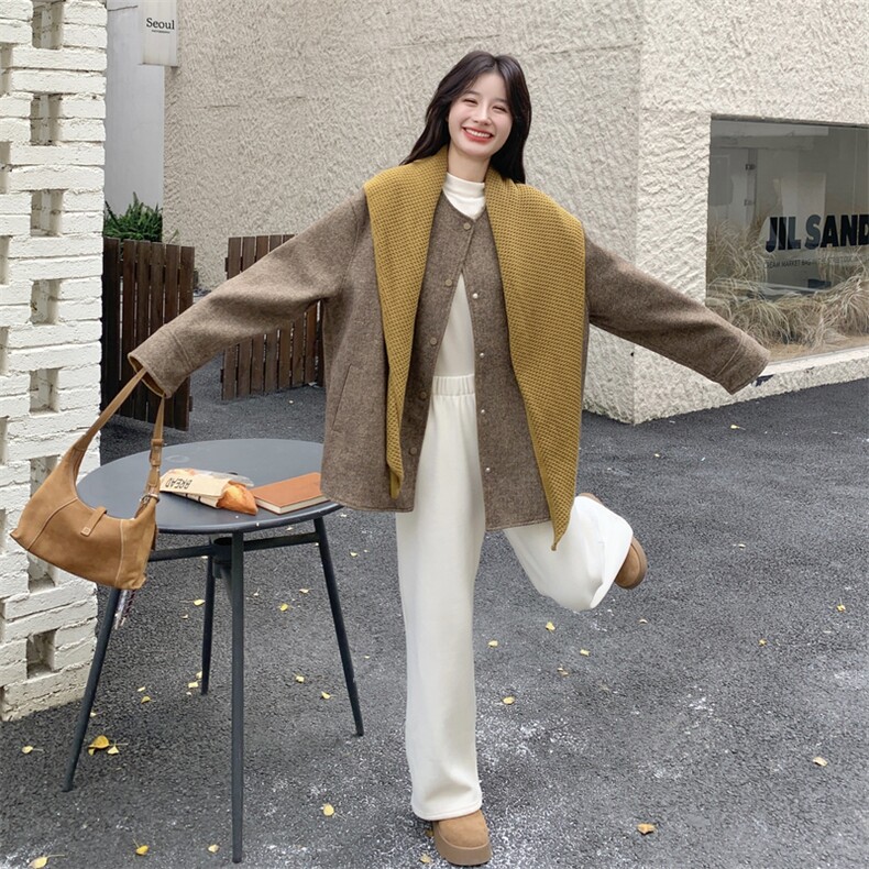 针织披肩小香风皮毛一体毛呢外套女秋冬2025新款时髦减龄高级大衣,女装短外套,2C129
