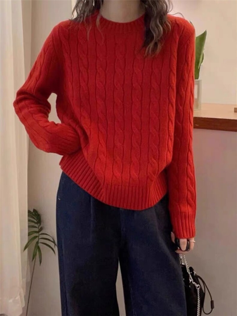 欧货麻花加厚圆领羊绒针织衫女秋冬宽松显瘦正肩毛衣打底羊毛衫,针织衫/毛衣,思途羊绒