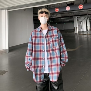 复古磨毛破洞红蓝拼色格子衬衫长袖男潮宽松美式情侣衬衣CS03/P40图片