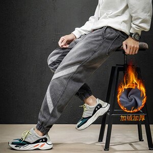 男士日系加厚长裤潮男贴布设计束脚裤青少年牛仔裤K60加绒-P45图片