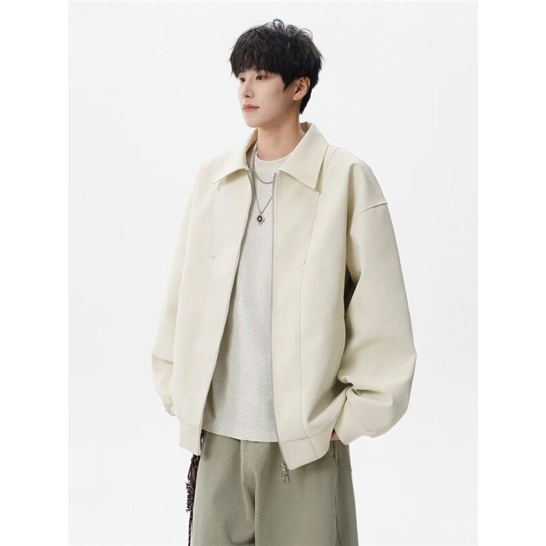 米白色PU皮铆钉夹克皮衣外套男女春秋美式机车夹克皮衣翻领棒球服,男装夹克,星座506A