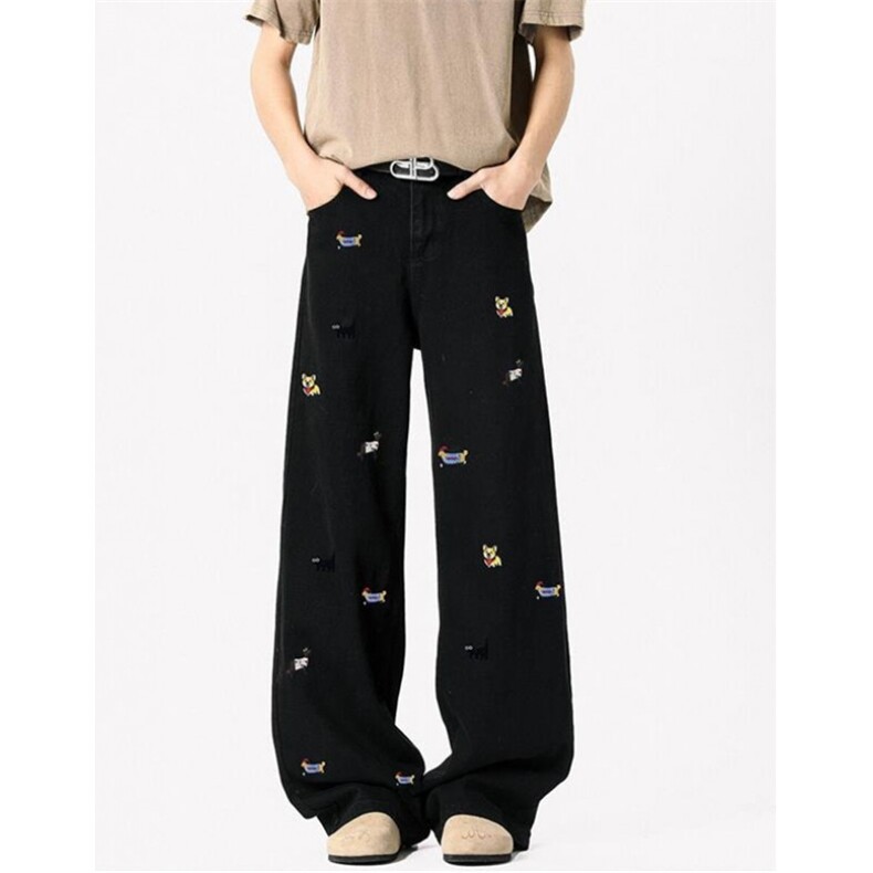 小狗刺绣牛仔裤男生春秋季水洗做旧趣味设计感潮牌宽松直筒长裤子，男装牛仔裤，星座1116A（原606A-3）