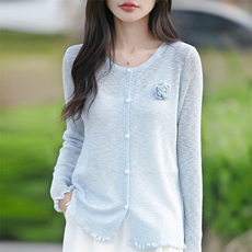 圆领竹节麻针织开衫女夏季新款上衣外搭空调防晒衫洋气木耳边外套，女装防晒衣，佳绒包芯纱店