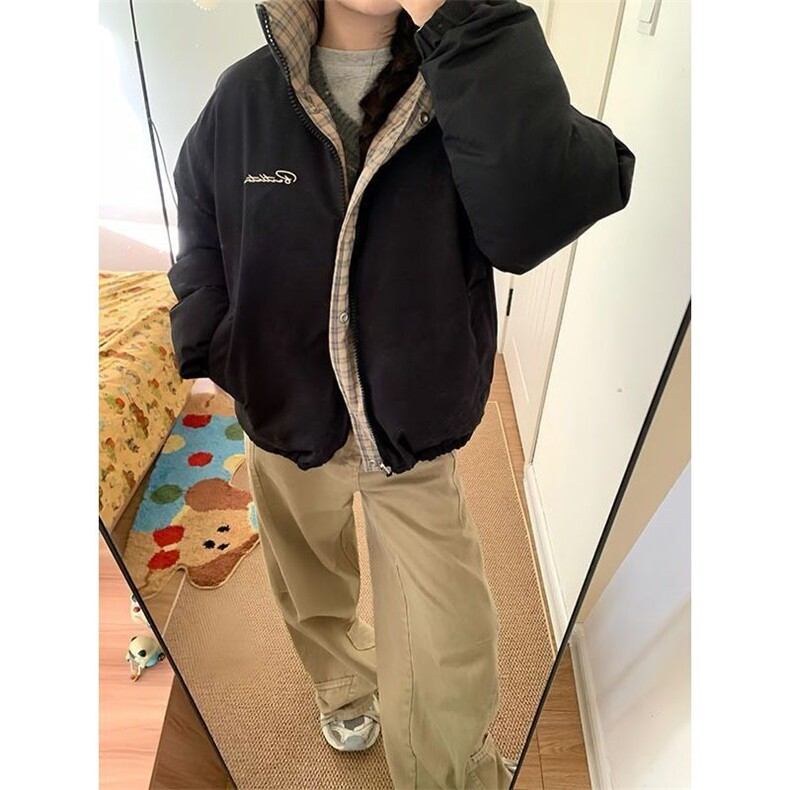 撞色格纹双面穿棉服女冬季慵懒风百搭防寒保暖面包服棉袄M7635,男装棉衣,星座1116A（原606A-3）