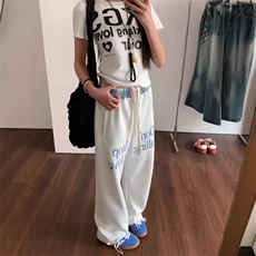 AK2493-P65潮美式复古撞色格纹字母休闲裤男女潮牌宽松垂感裤，女装休闲裤，星座617A-2