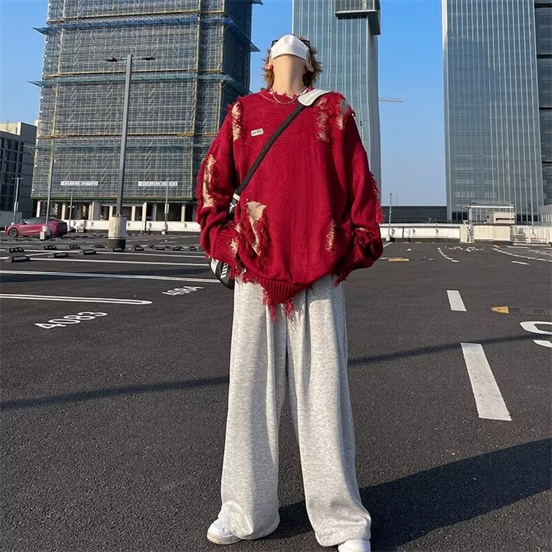 不规则破洞圆领针织衫男秋冬季街头慵懒风宽松情侣毛衣7178,男装针织衫/毛衣,星座506