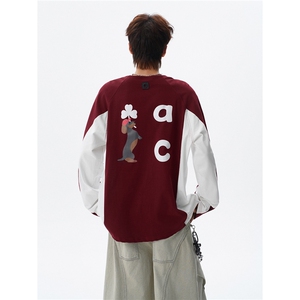 6XL-M 美式潮牌印花长袖t恤男拼接撞色卫衣男上衣服 CX3009-特P48图片