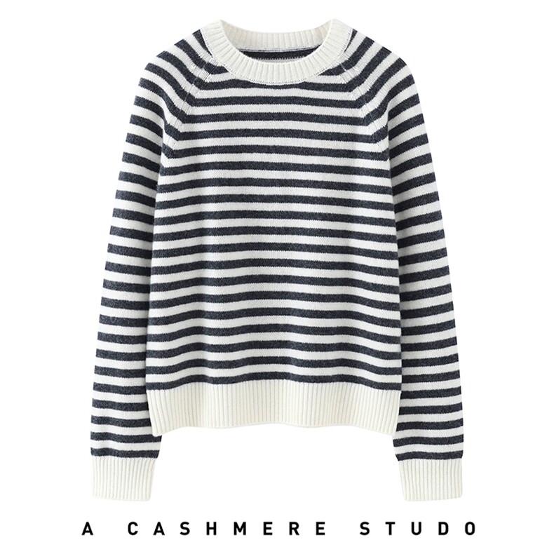2025舒适百搭简约秋冬新款软糯圆领条纹长袖针织羊绒衫，女装羊绒衫，星纬羊绒