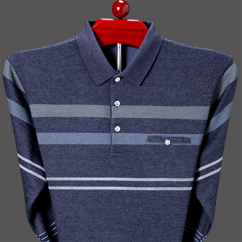 中年男士长袖t恤男纯棉爸爸装打底衫中老年翻领有口袋条纹秋衣体，男装T恤，电商B212（原钱塘6029）