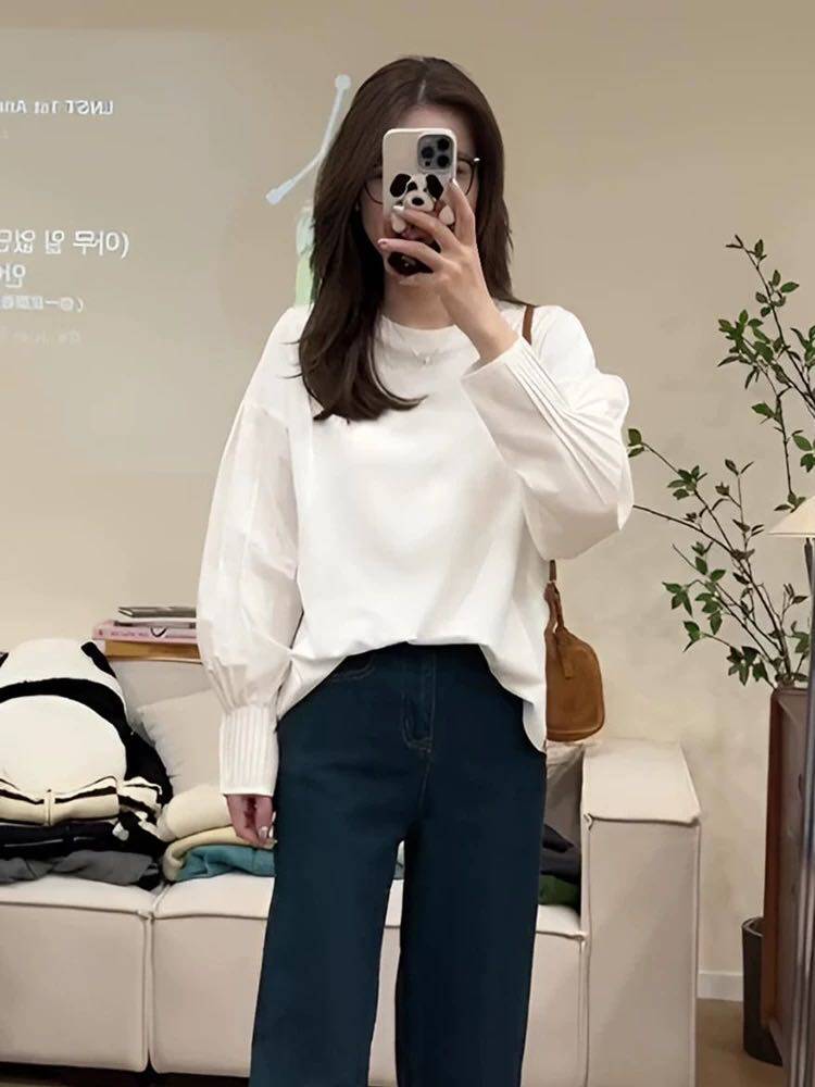 设计感风琴灯笼袖褶皱拼接薄款长袖T恤，女装T恤，湘姗