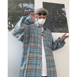 复古蓝色格子衬衫男女宽松慵懒风潮牌休闲百搭外套潮W1379/P54图片