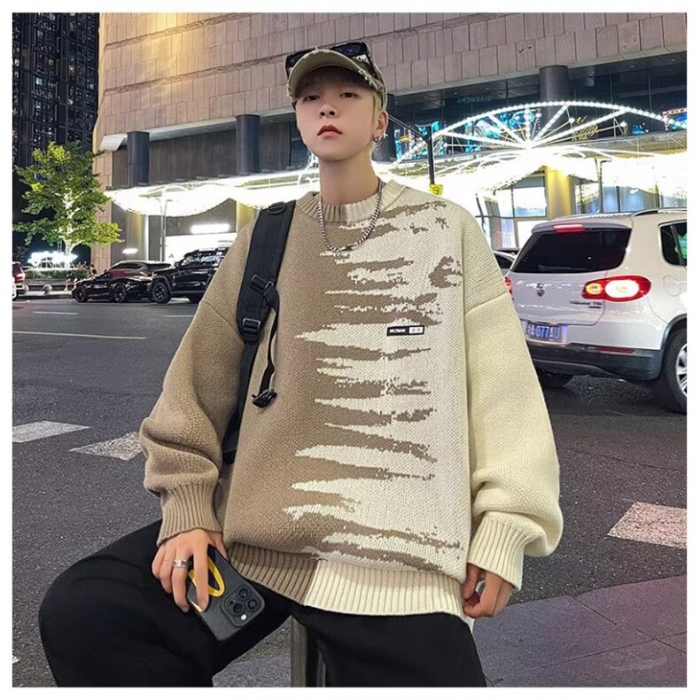 毛衣男秋冬拼接撞色针织衫日系复古宽松慵懒休闲外套MY7022-P45,男装针织衫/毛衣,星座308B-1