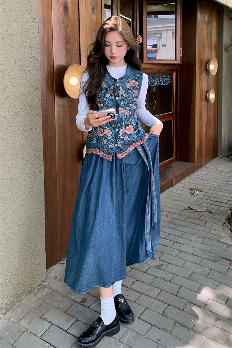 【现货】1C128-A03-T+复古风刺绣牛仔高定三件套P265-K325,女装套装/套裙,先锋丽姿