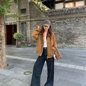 J9857-P70新款复古宽松设计感鹿皮绒翻领夹克外套图片
