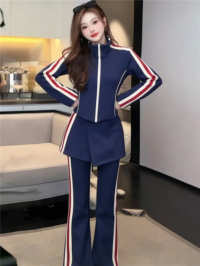 时尚休闲减龄套装女春款条纹拼接立领开衫上衣屁帘微喇长裤三件套,女装套装/套裙,江南